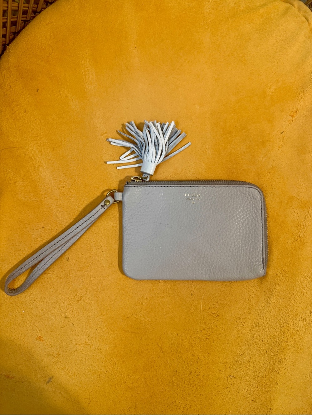 Fossil gray pebbled leather wristlet with tassel